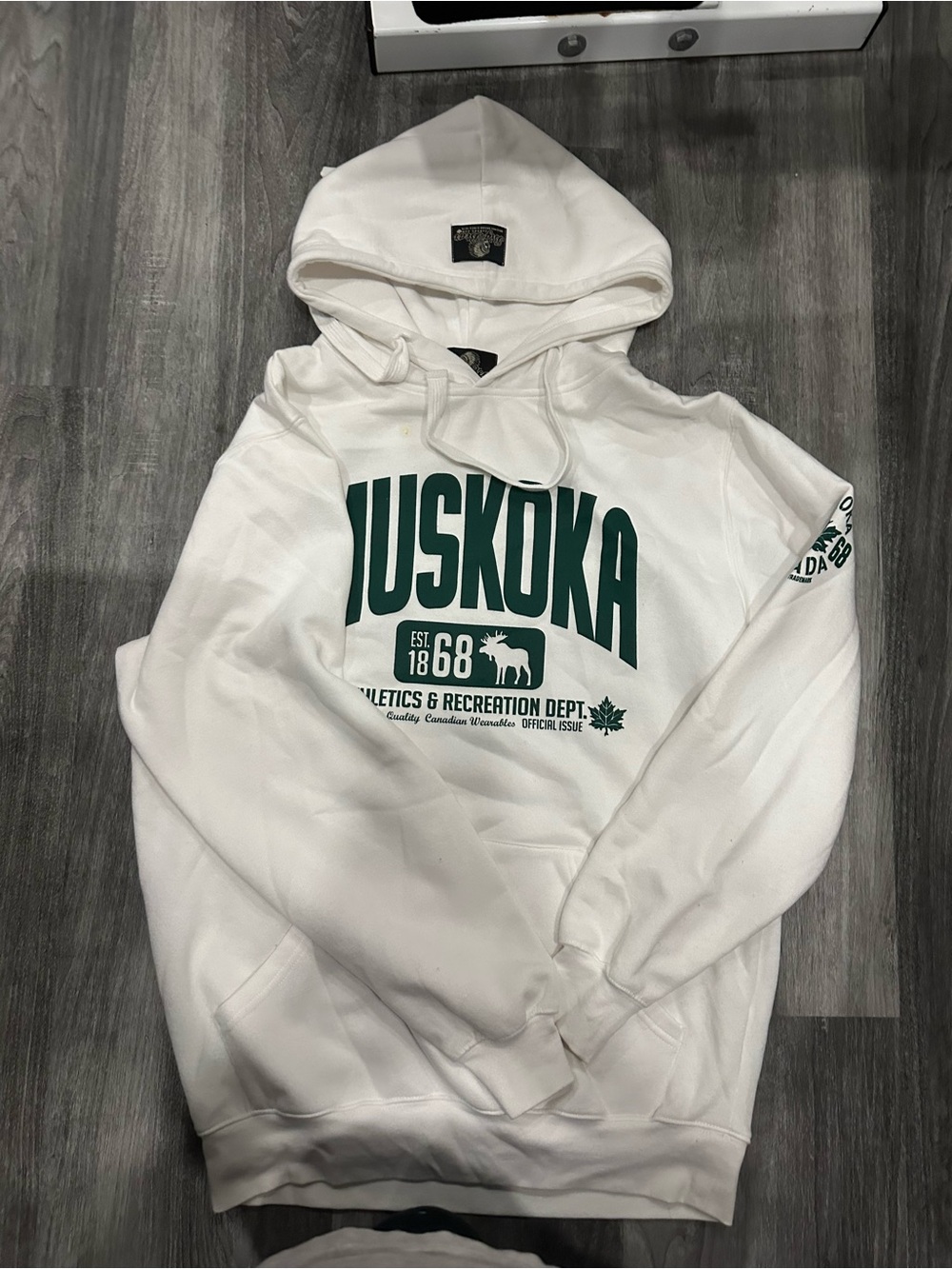 Muskoka White Pullover Hoodie with Green Print